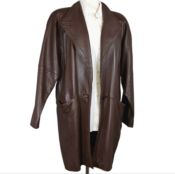 Vintage LNR Oversized Leather Blazer Trench Brown Size M - Picture 3 of 14